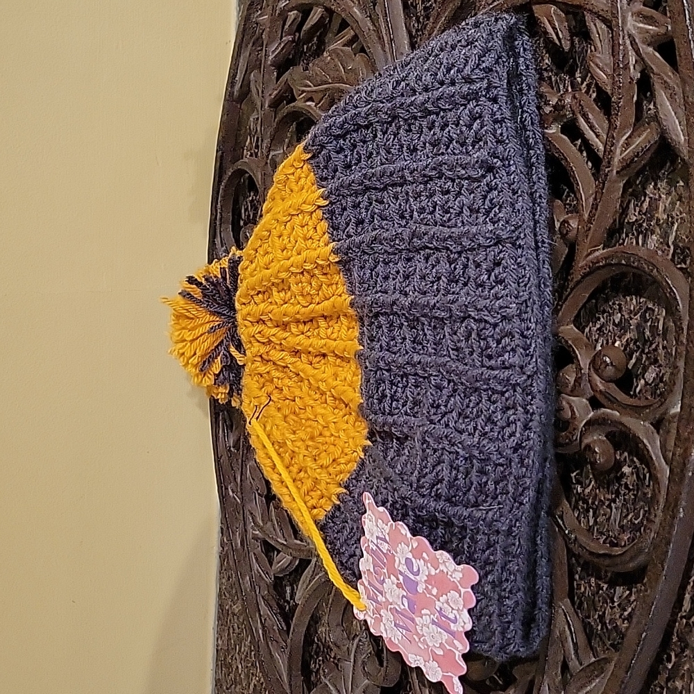Handmade pom-pom hat beanie with fleece lining at ears crochet